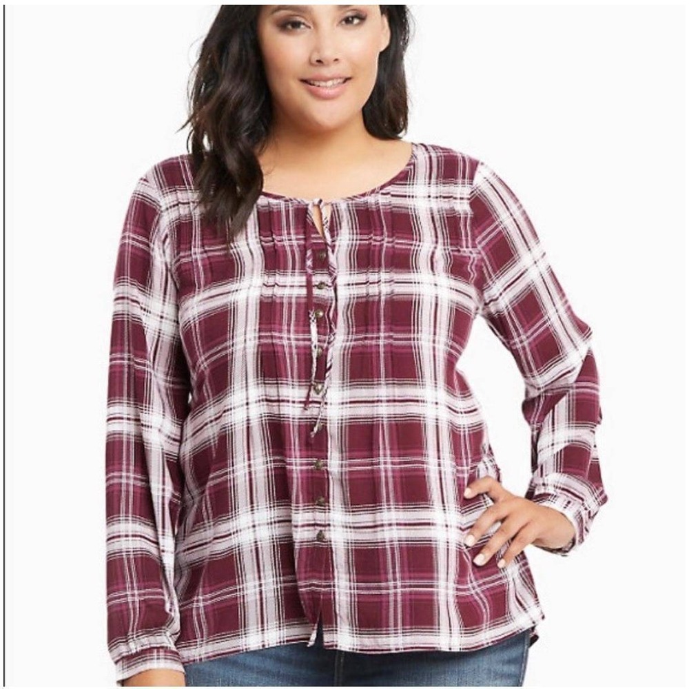 Torrid 5 Plus Size Plaid Challis Pintuck Blouse Long Sleeve Top‎ Burgundy 5x 28